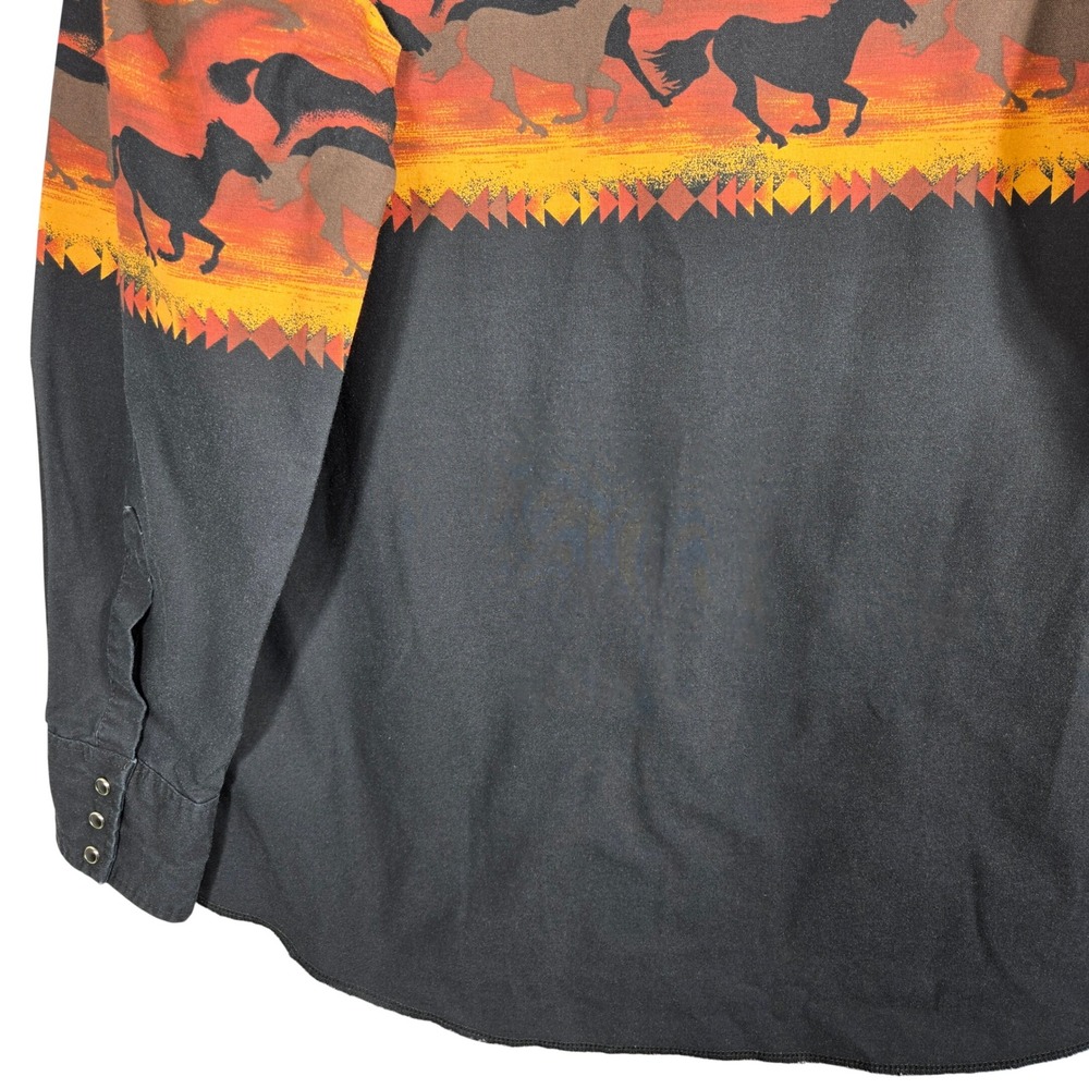 Vintage 90s Wrangler Western Shirt Men Large Black Wild Horse Graphic Pearl Snap - Picture 10 of 11
